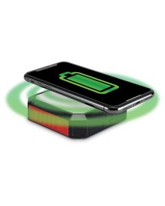 WeatherX Solar Power Bank & Light with Wireless Charger (XPC10002R) with a phone hovering with a green battery symbol and wireless charging rings